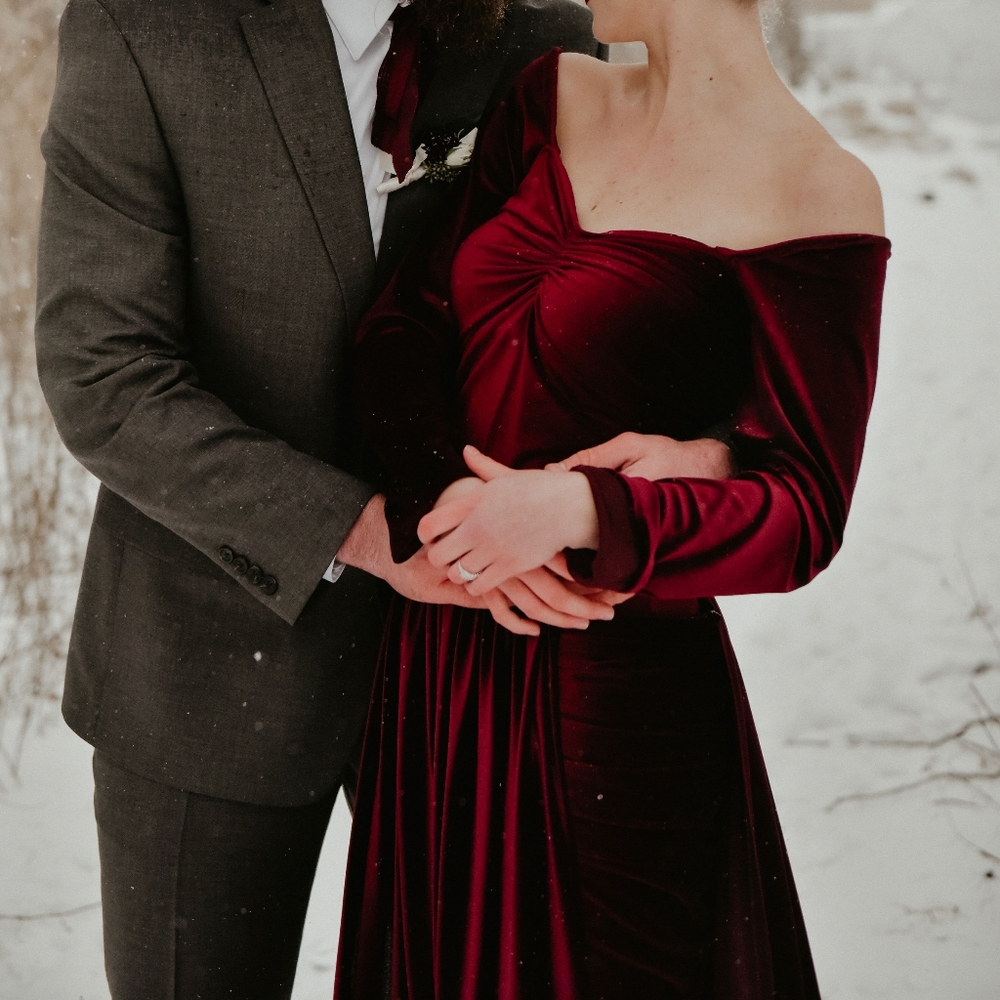 Maroon burgundy velvet wedding elopement prom formal dress gown